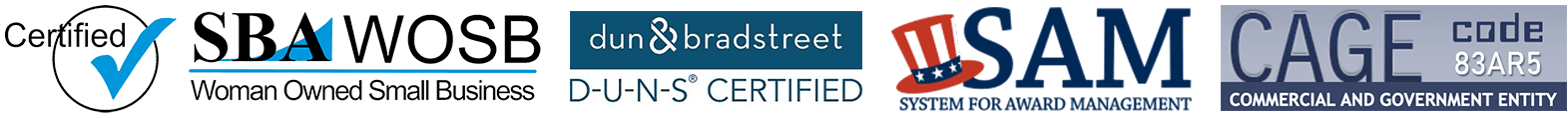 Registered and Certified by SBA WOSB, Dun & Bradstreet, System for Award Management, Commercial and Government Entity